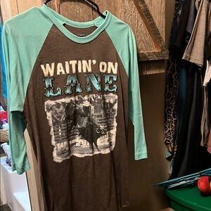 Crazy Train Waitin' On Lane 3/4 sleeve Shirt - Teal and Gray